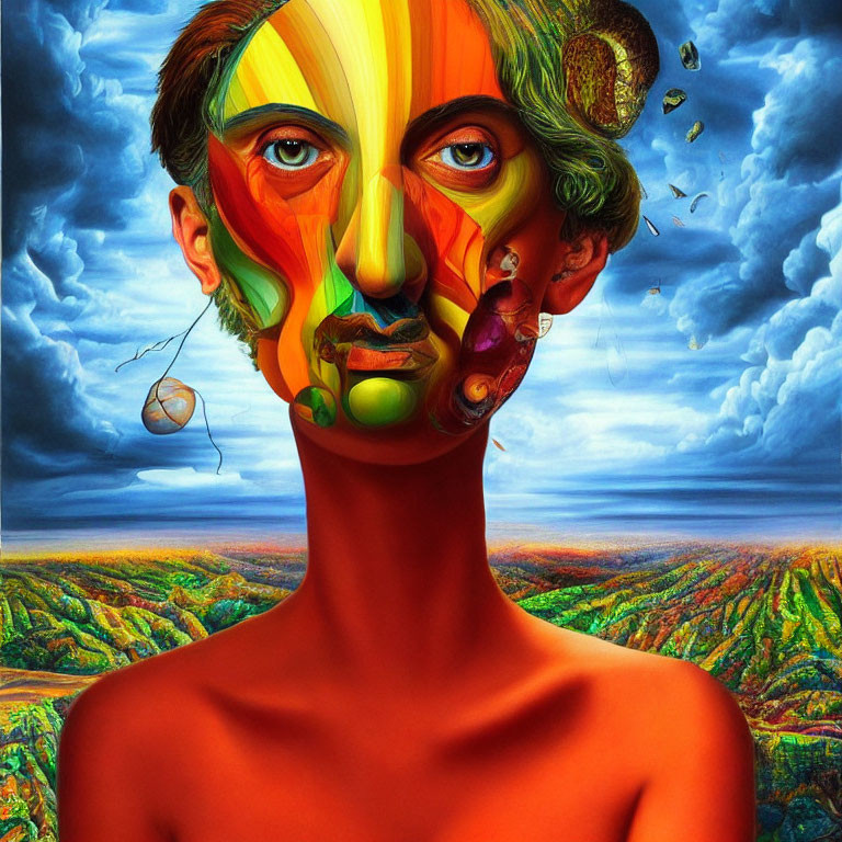 Fragmented facial features in bold colors against vibrant hills and blue sky