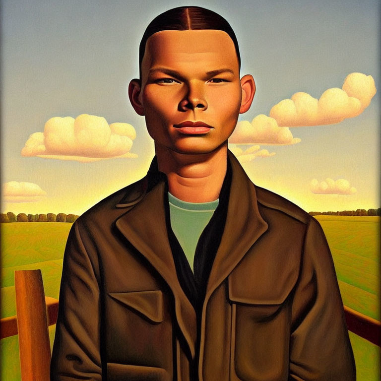 Stylized painting of man in brown jacket against countryside backdrop