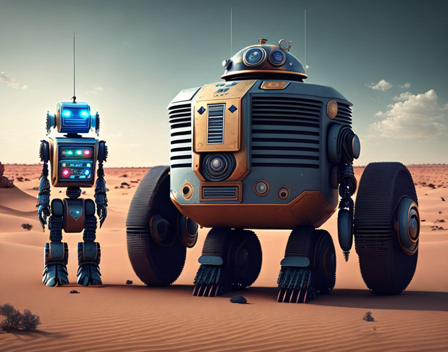 Futuristic robots in sandy desert landscape