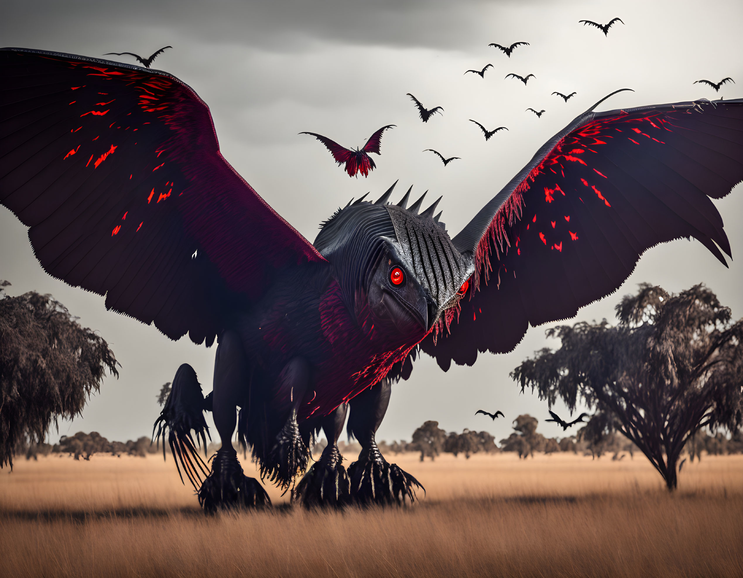 Giant bird with glowing eyes and wings in savanna with flock flying.