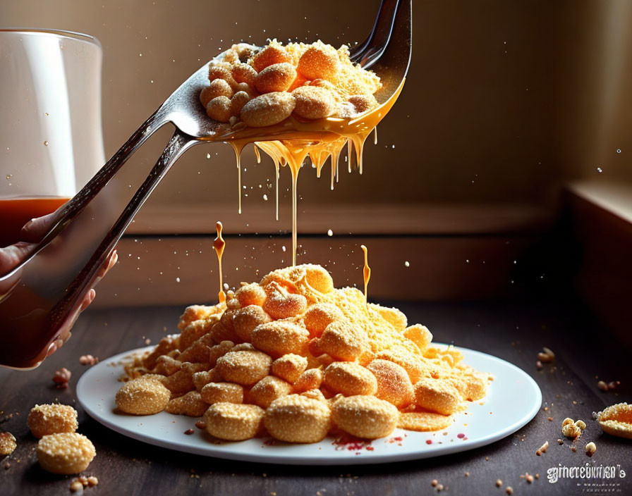 Golden cereal with honey drizzle on white plate, milk and jar in background