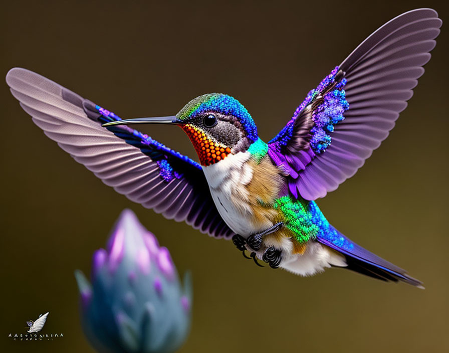 Vibrant hummingbird with iridescent feathers hovering above purple flower bud