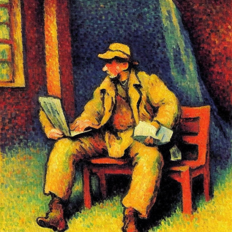 Seated Person Reading Newspaper in Post-Impressionist Style