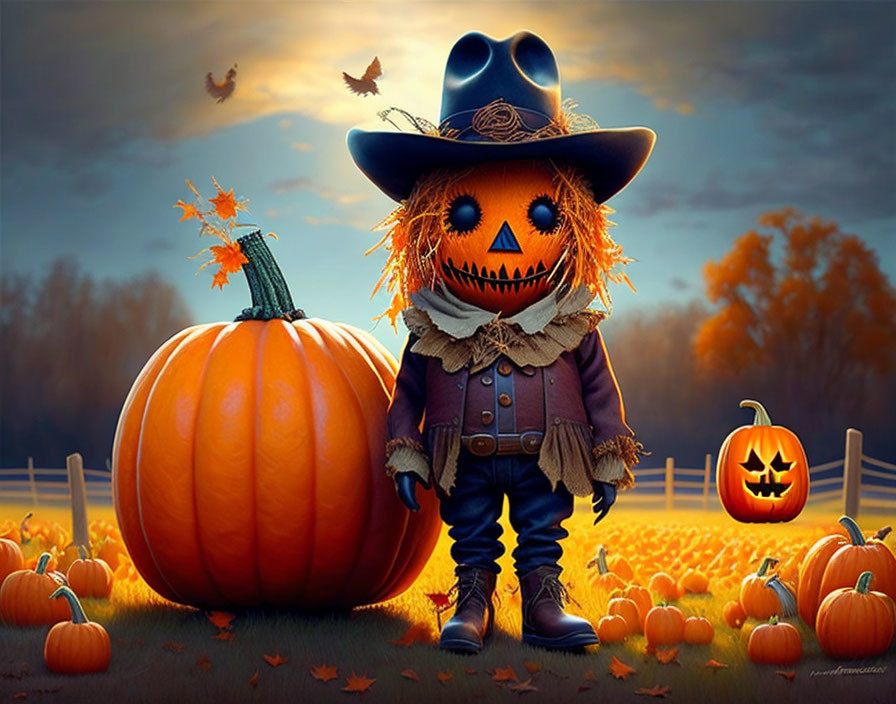 Scarecrow and pumpkins in autumn twilight scene