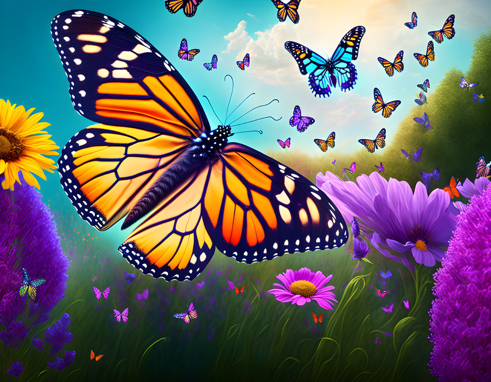 Colorful Monarch Butterfly Artwork with Flowers and Blue Sky