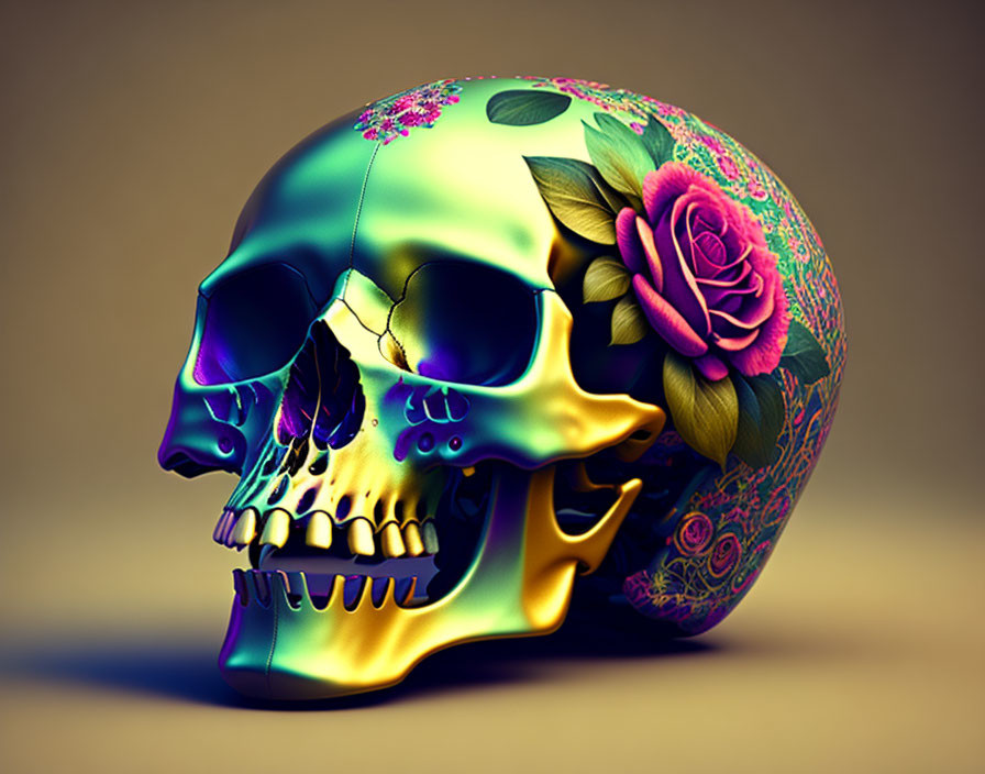 Vibrant Floral Skull Art with Dia de los Muertos Theme