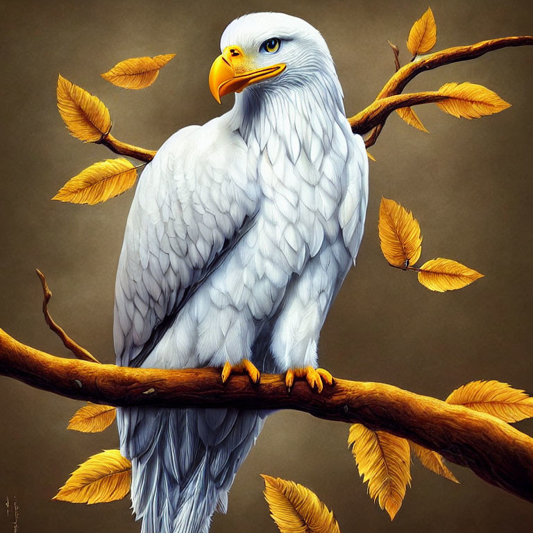 White Eagle Perched on Branch with Yellow Leaves