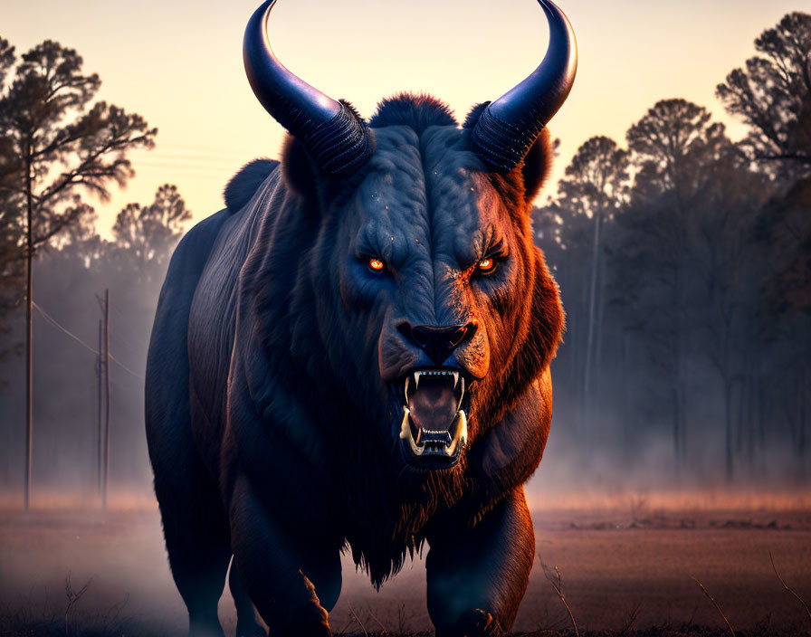 Black bull with glowing eyes in misty forest at dusk