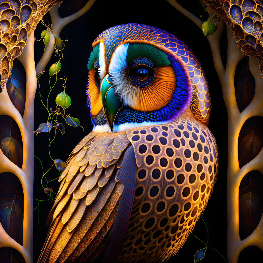 Colorful stylized owl with intricate patterns on dark background