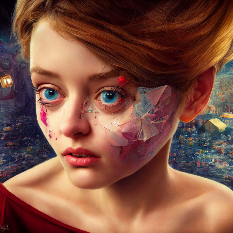 Digital artwork: Girl with fragmented, crystalline face and colorful chaos revealed.