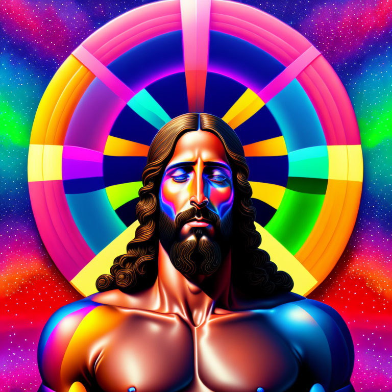 Colorful illustration of figure with long hair and beard on vibrant, psychedelic background.