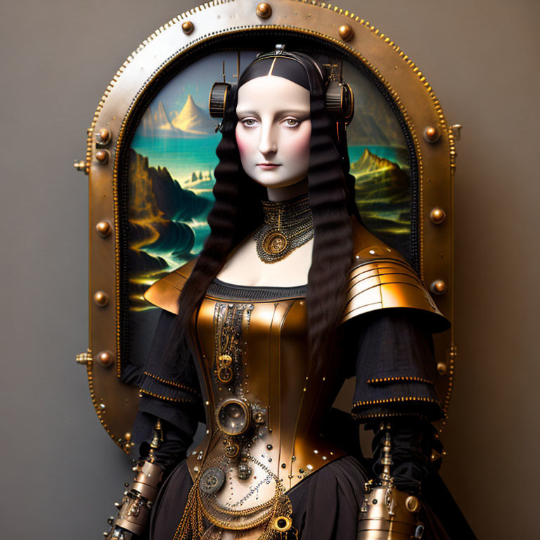 Digital artwork blending Mona Lisa with steampunk elements and coastal landscape.