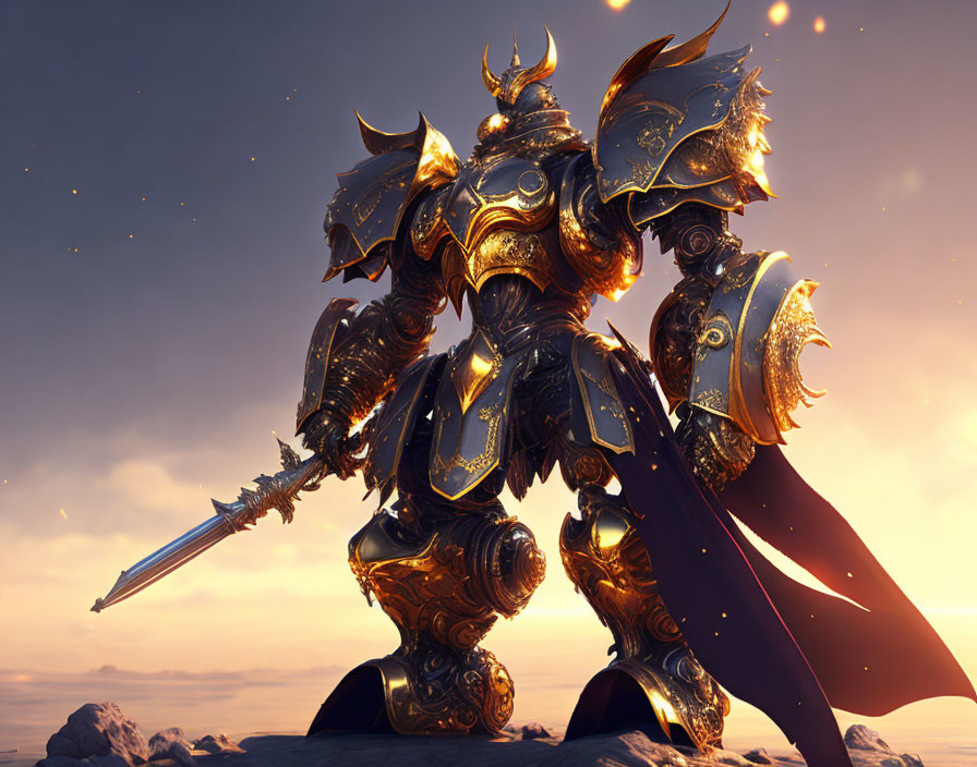 Armored knight with cape on rocky terrain at sunset