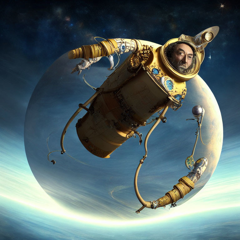 Person with vintage diving suit & astronaut helmet in space with celestial bodies