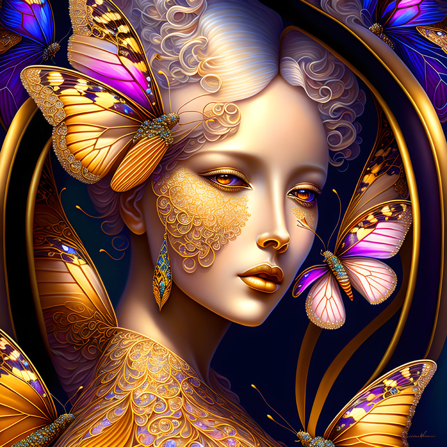 Stylized portrait of woman with golden filigree and butterflies on dark blue background