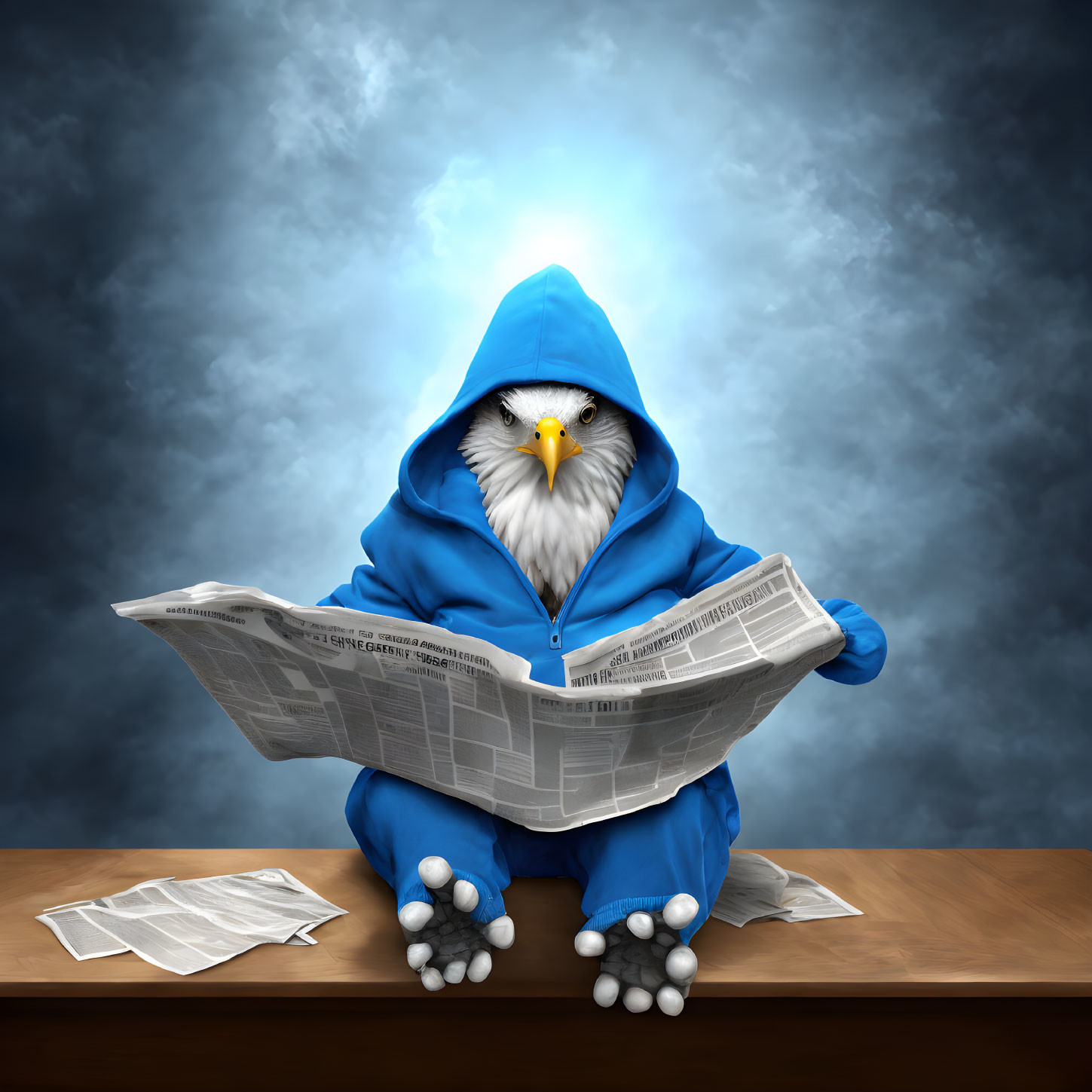 Eagle-human hybrid in blue hoodie reads newspaper in surreal stormy setting