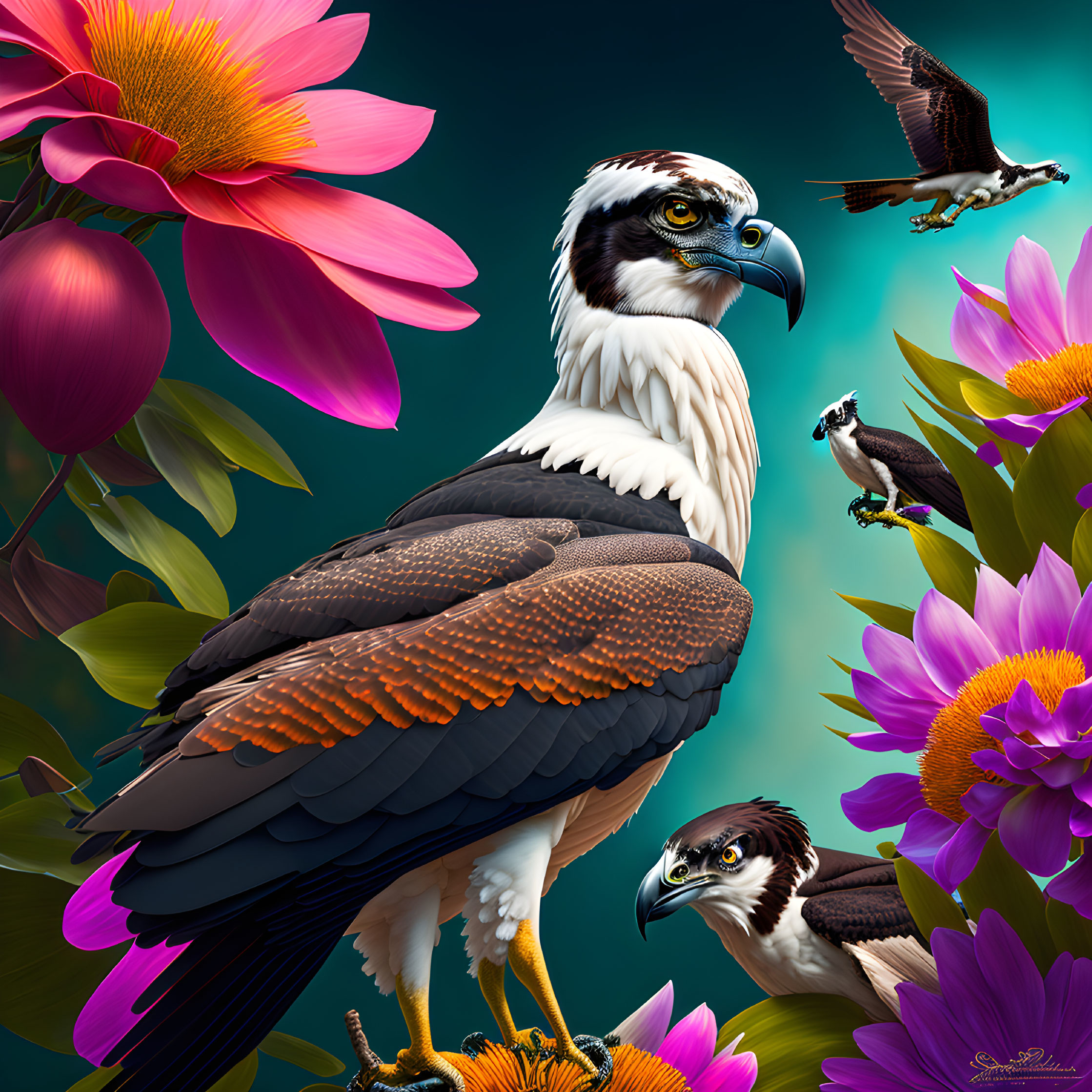 Digital Art: Ospreys Among Pink Lotus Flowers on Teal Background