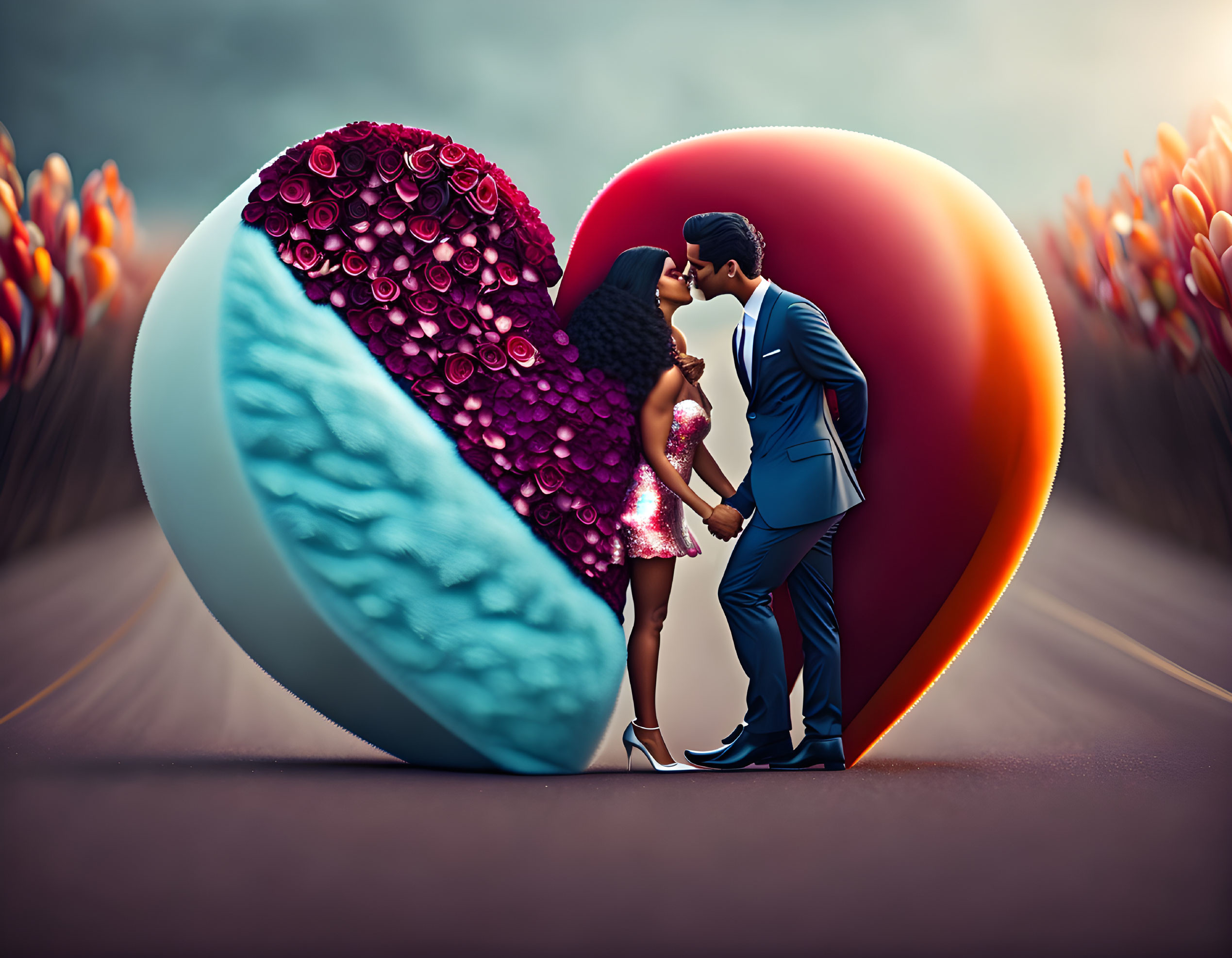 Romantic Couple with Heart-Shaped Decorations on Flower-Lined Path