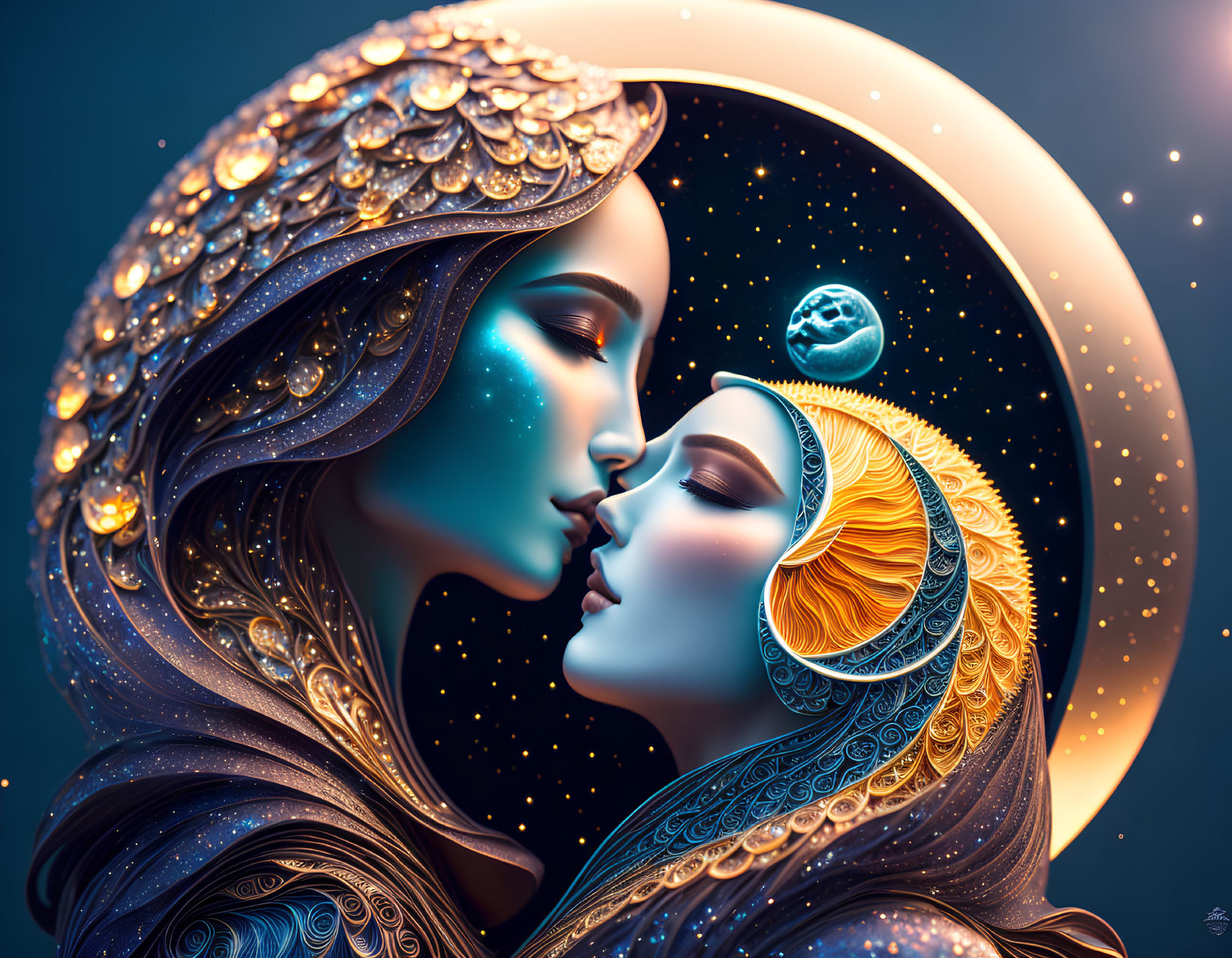 Stylized celestial female figures kiss under crescent moon