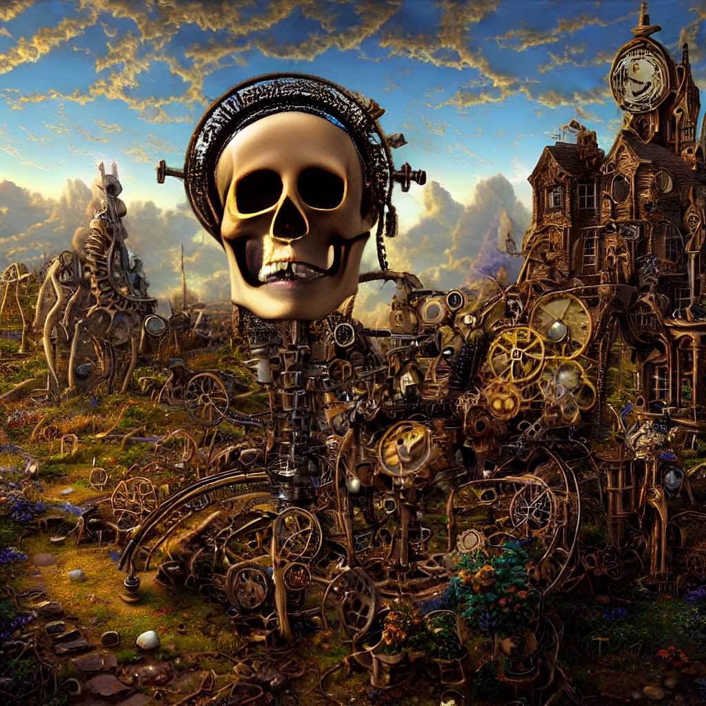 Skull-faced figure with headphones in steampunk landscape.