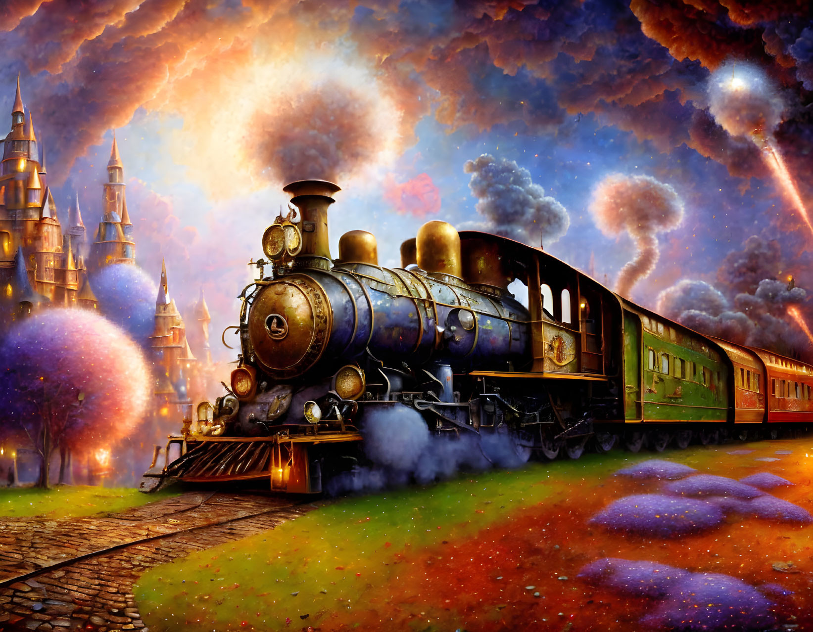 Vibrant steam train emerges from glowing portal in magical setting