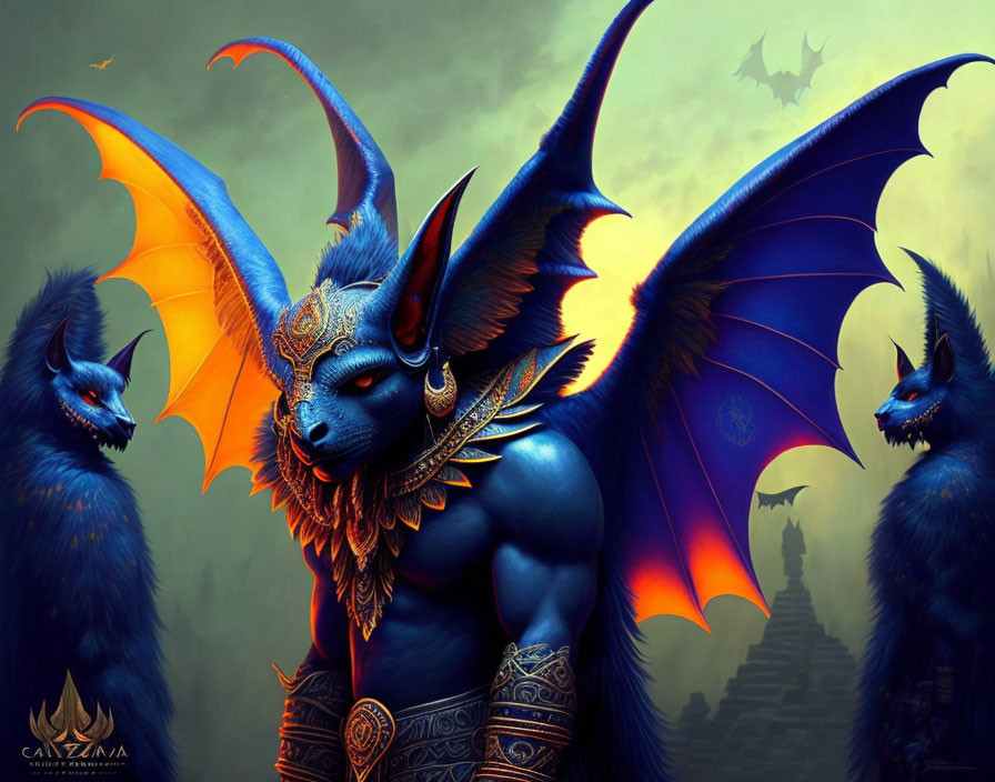 Mythical winged creatures with blue fur and horns in moody landscape