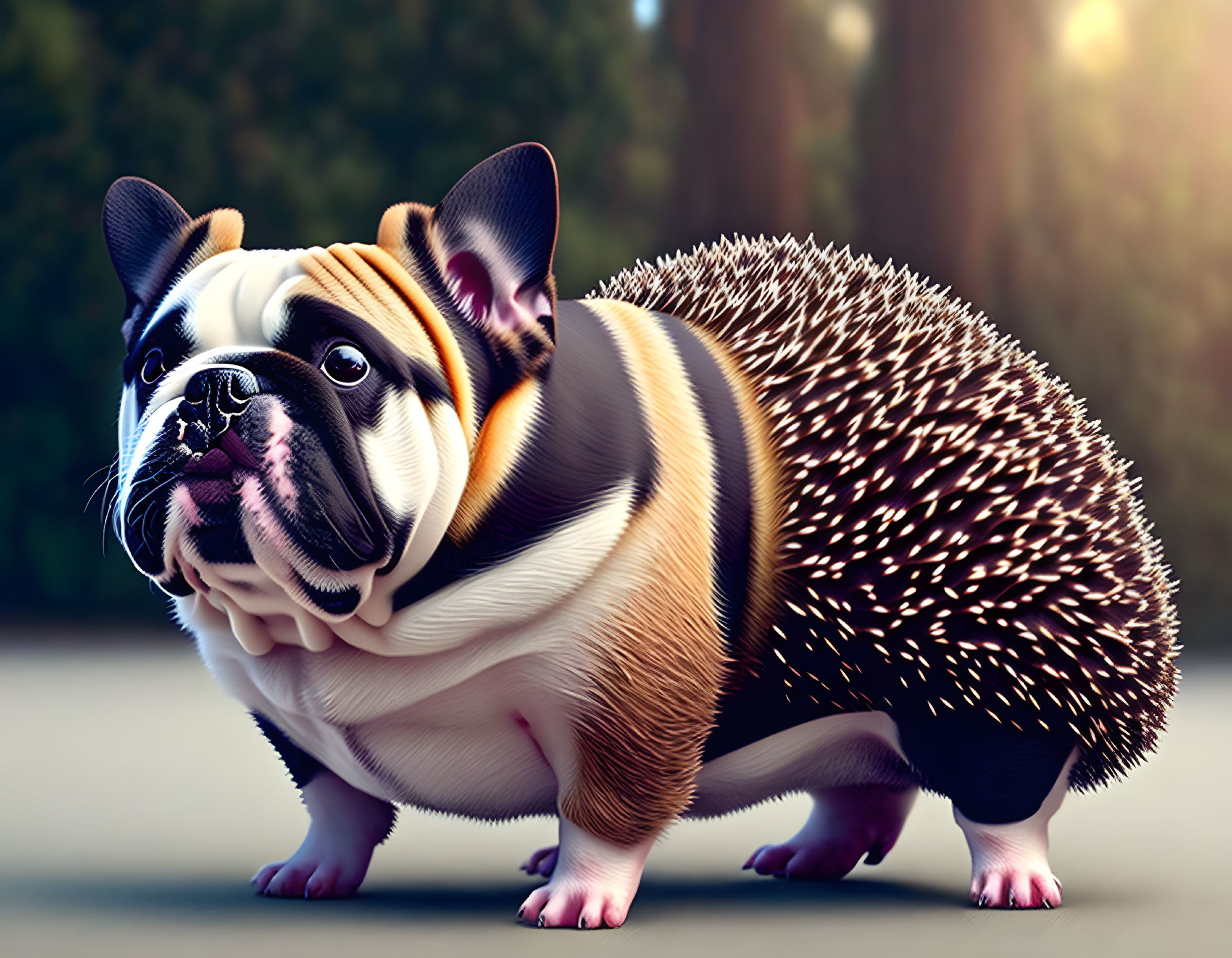 Whimsical creature: French bulldog head, hedgehog body, forest backdrop