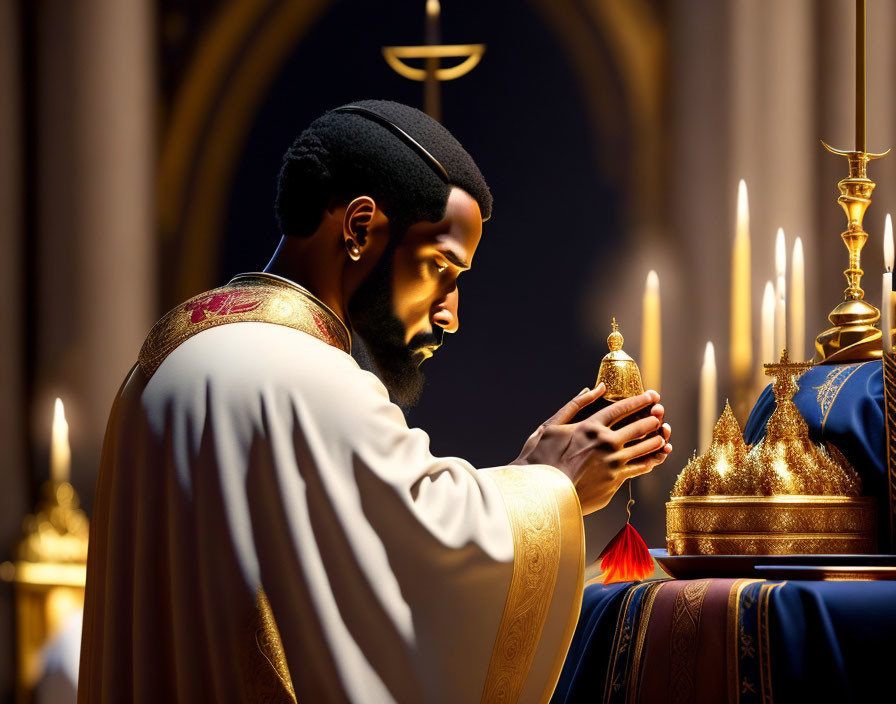 Religious man with golden censer at candlelit altar