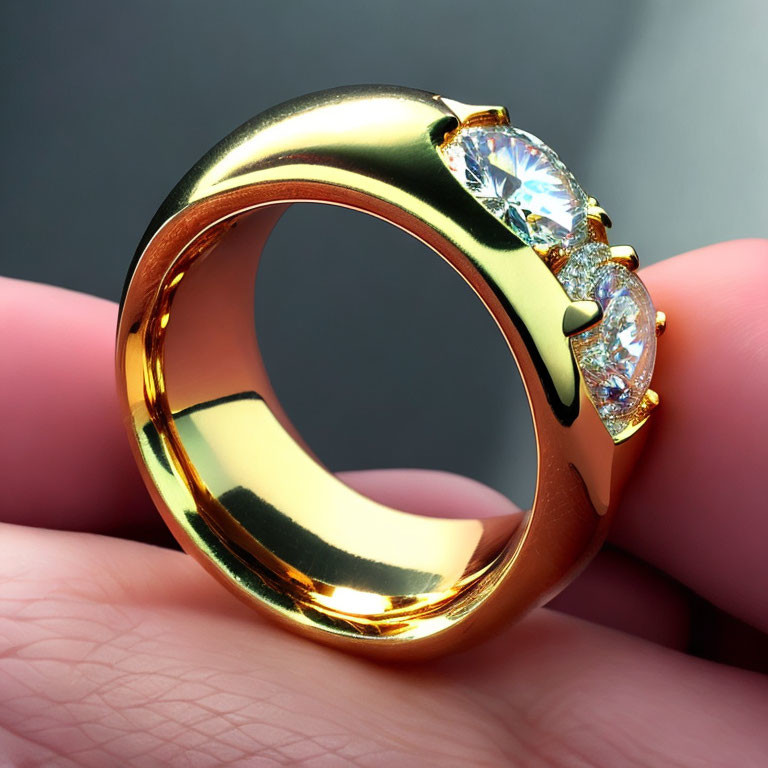 Thick Band Gold Ring with Three Round-Cut Diamonds on Finger