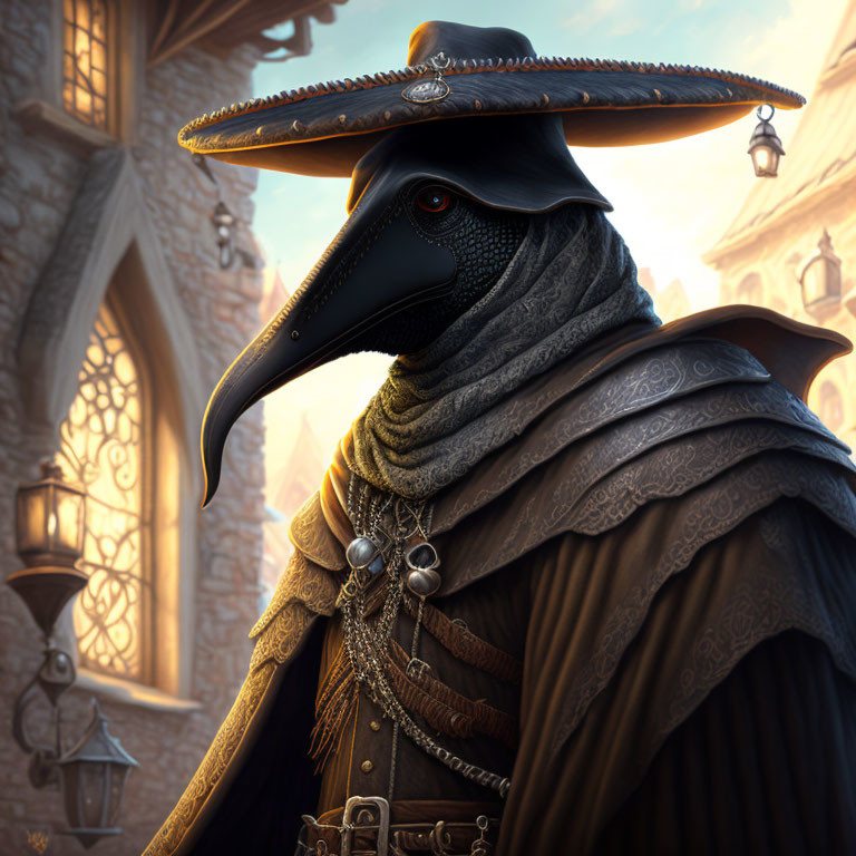 Plague doctor character in ornate attire and wide-brimmed hat poses against architectural backdrop