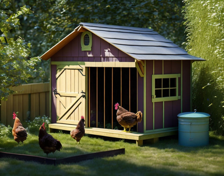 Purple Chicken Coop in Garden with Four Chickens, Green Grass, and Blue Barrel