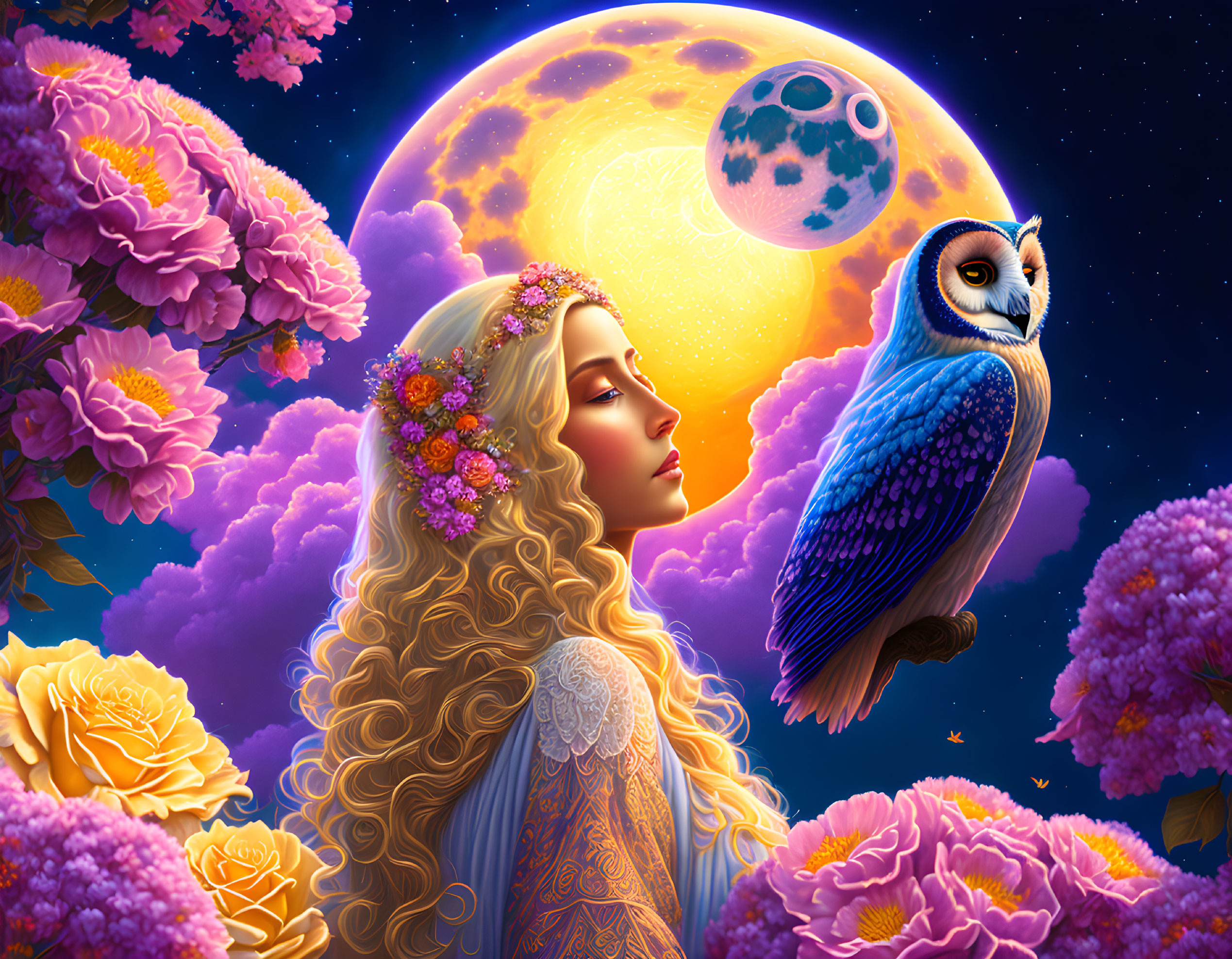 Surreal illustration of woman with flowers, full moon, planet, blue owl, and pink flowers