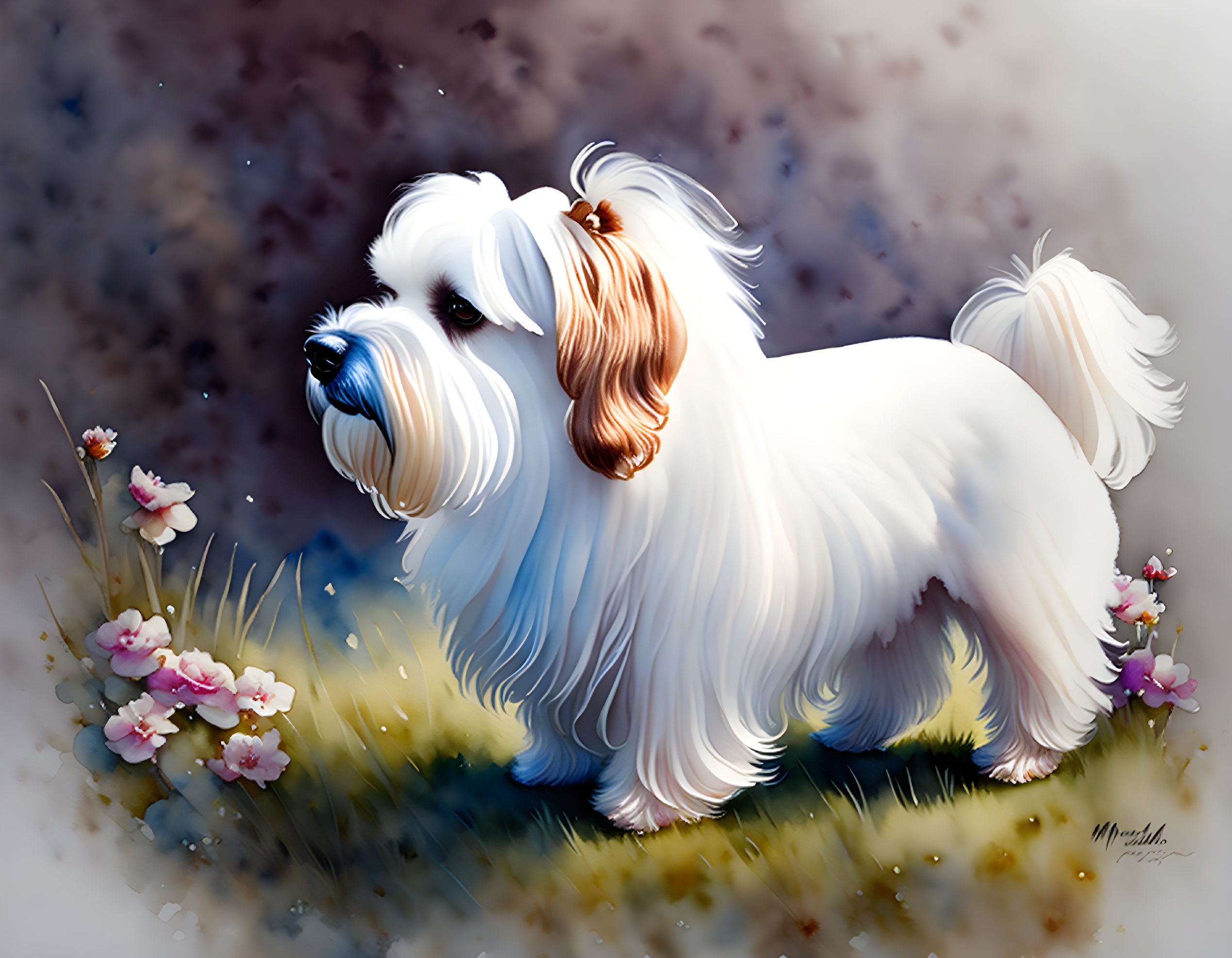 Fluffy White Dog in Field with Flowers Digital Painting