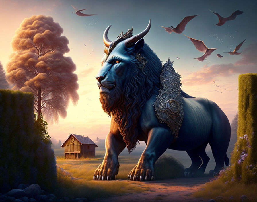 Fantasy lion with horns and armor in tranquil sunset landscape.