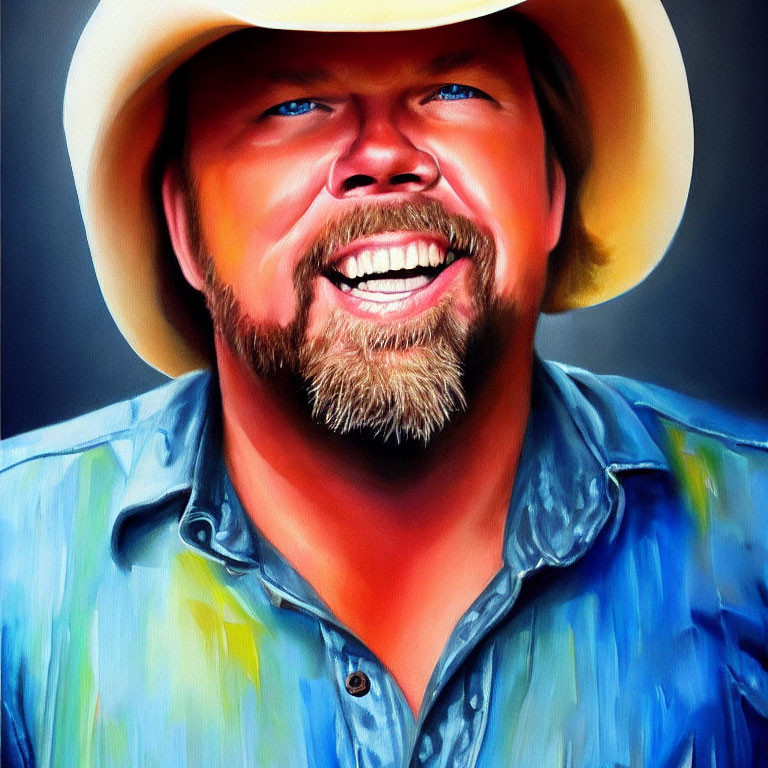 Smiling man with beard in cowboy hat and blue shirt on grey background