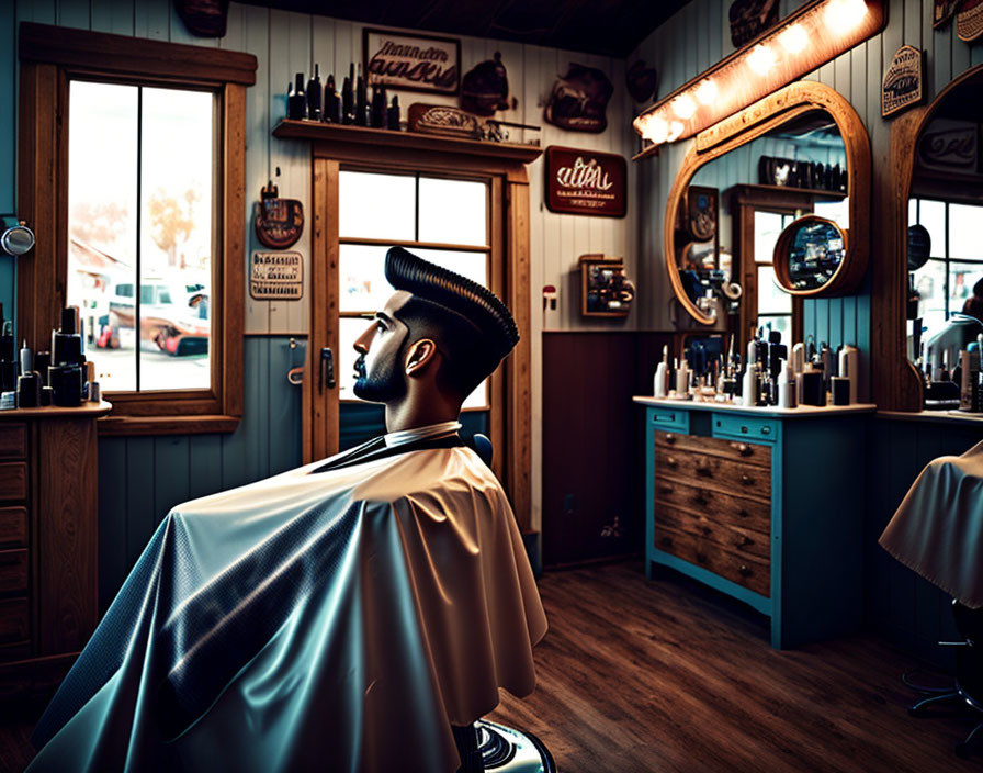 Man sitting in vintage barber chair in classic barbershop interior with hairstyling products.