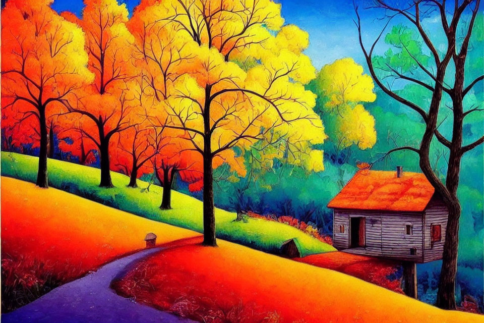 Autumn Cabin Painting with Vibrant Colors