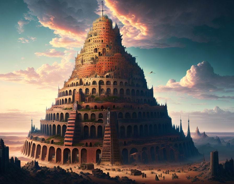 Fantasy castle with arches in desert landscape