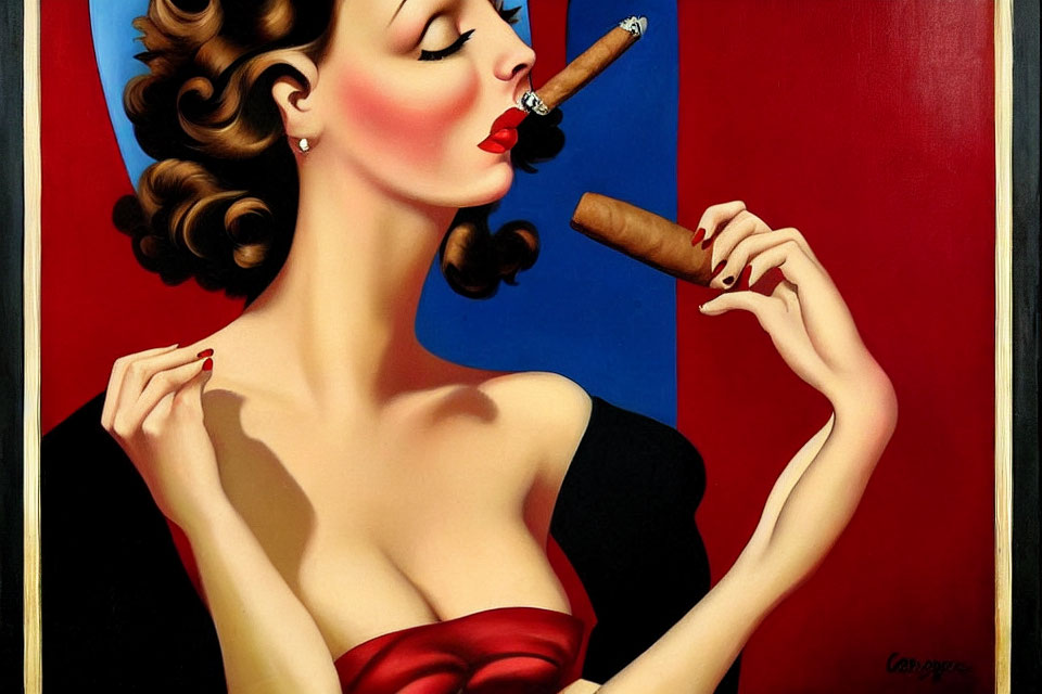 Stylized woman with curled hair in red dress holding cigar