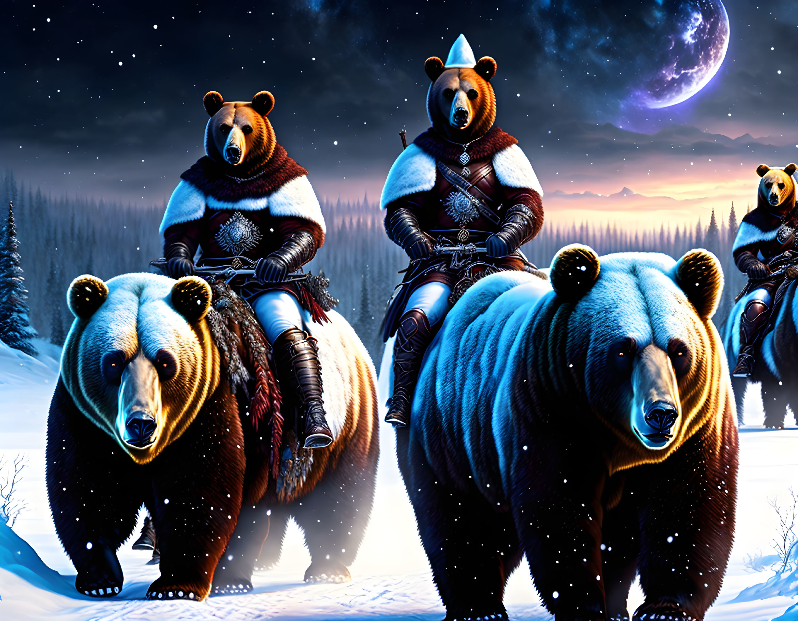 Armored bears in snowy landscape under starry sky with large moon