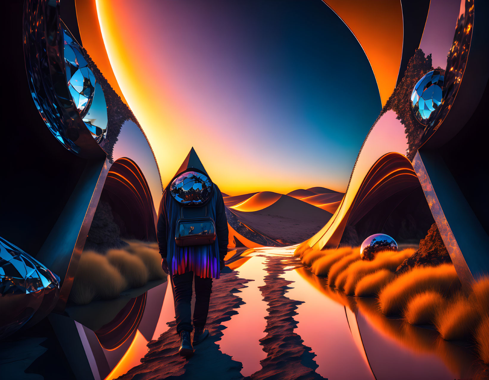 Person in spacesuit walks between mirrored arches on vibrant alien landscape