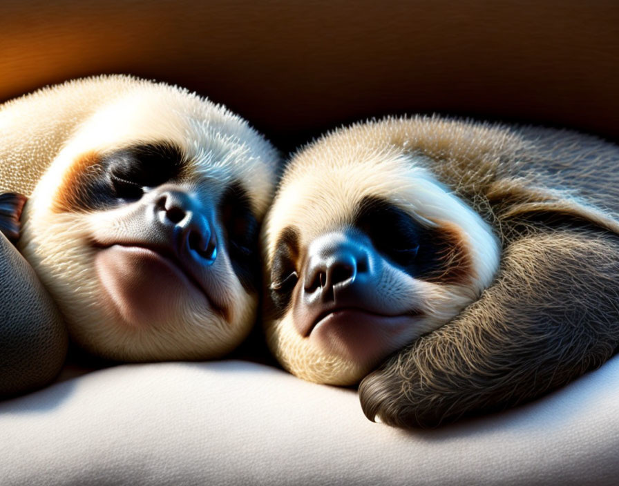 Two cuddling sloths under warm light