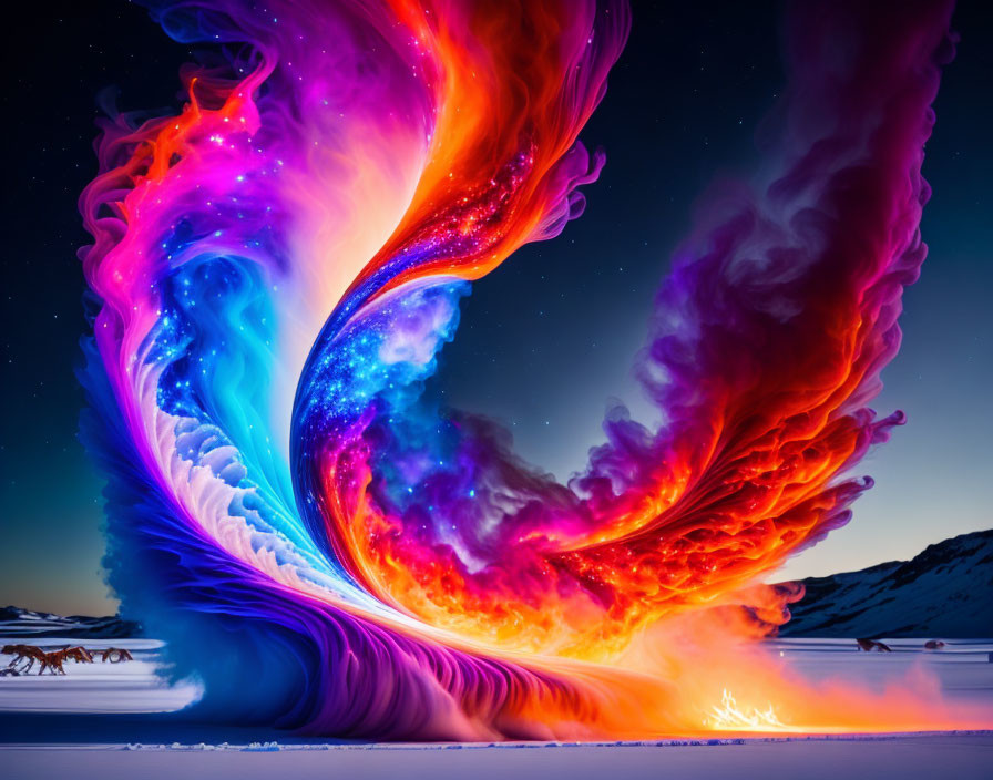 Colorful digital artwork: swirling neon vortex in starry night sky and snowy landscape