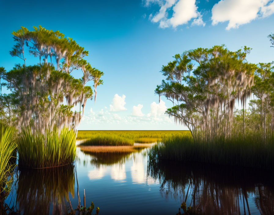 Tranquil wetland landscape with tall greenery and blue sky