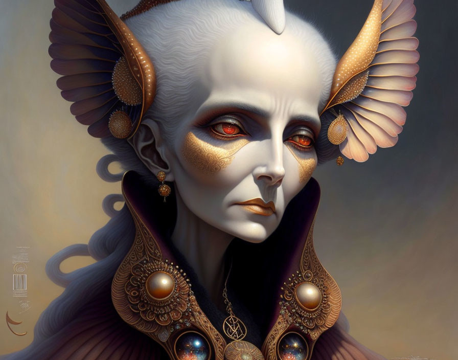 Pale-skinned fantasy character with golden eyes and intricate headpiece exuding elegance and mystique