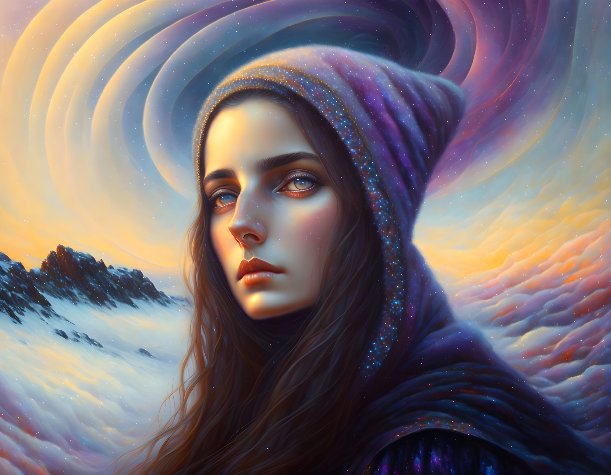 Cosmic-themed digital artwork of woman with surreal sunset backdrop