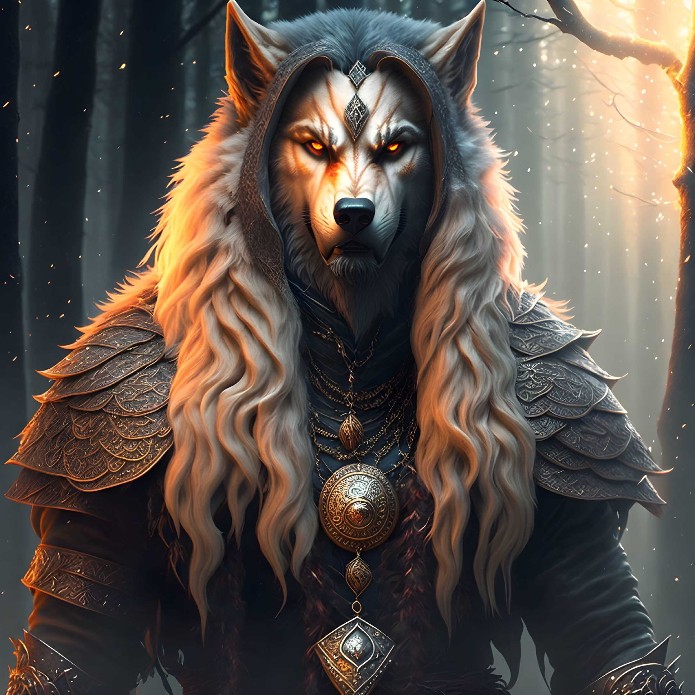 Anthropomorphic wolf warrior in ornate armor and medallion in mystical forest.