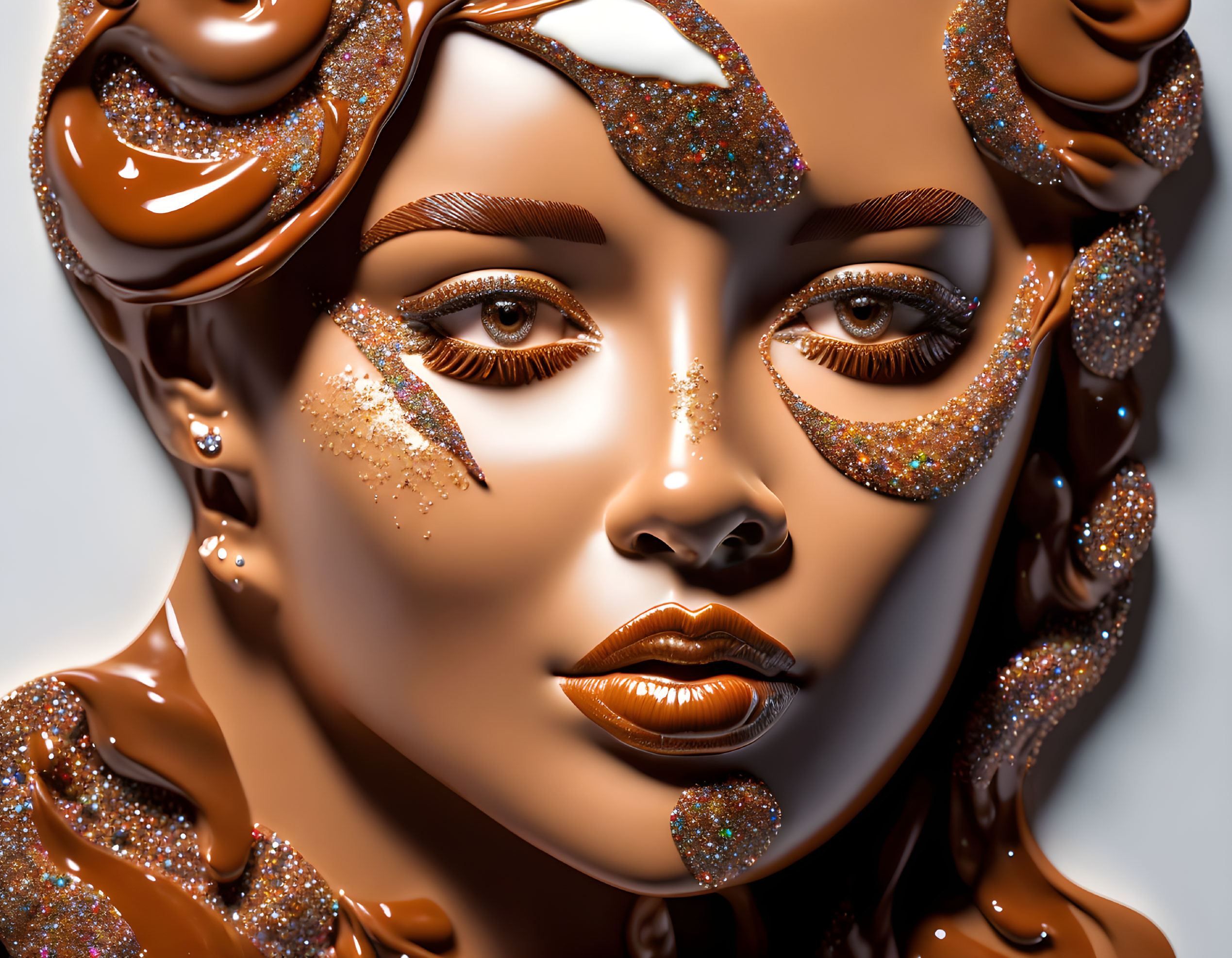 Stylized glossy female face with glitter accents in chocolate-brown tones