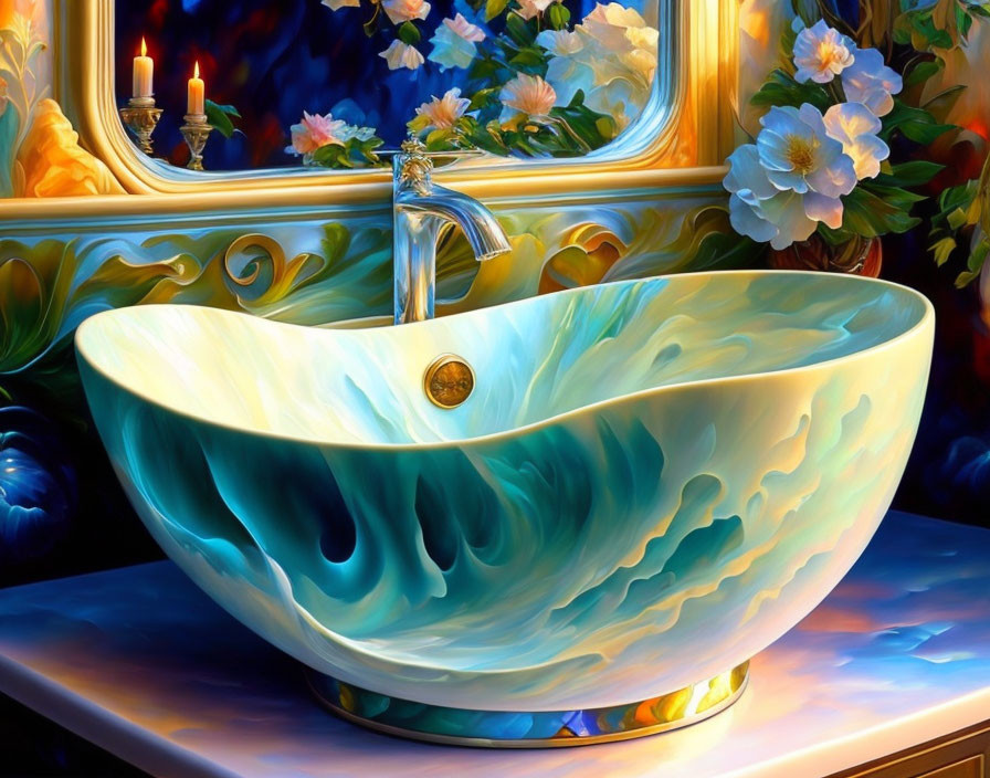 Colorful Sink Artwork with Blue Swirls, Candlelight, Mirror, and Flowers