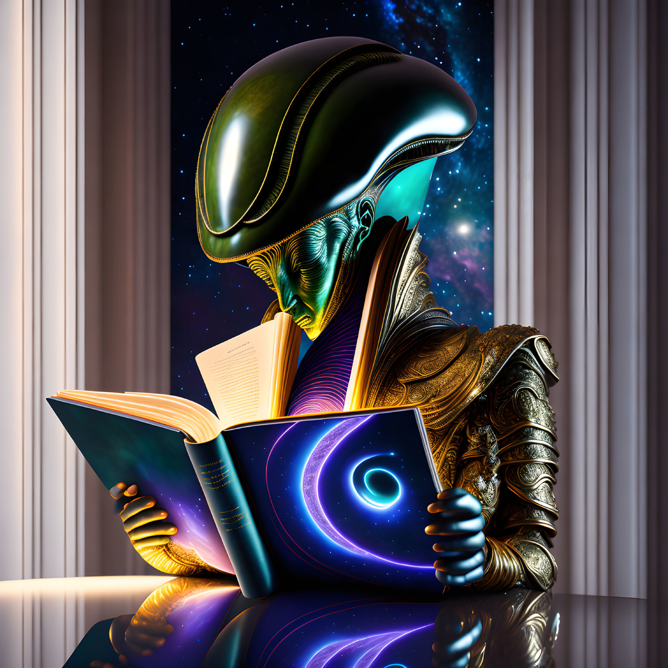 Alien in glossy helmet and ornate armor reading galaxy book by space window